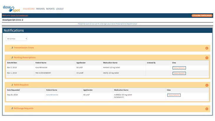 DoseSpot Notifications interface with Transmission Errors, Pending Prescriptions, Refill Requests, and RxChange Requests