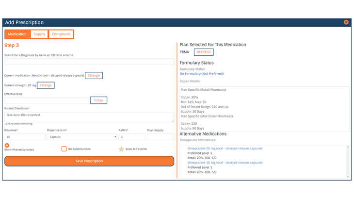 DoseSpot form for adding a prescription