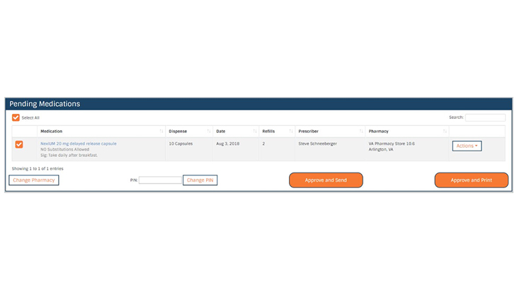 Pending Medications interface with a medication checkmarked and options to approve and send and change pharmacy.