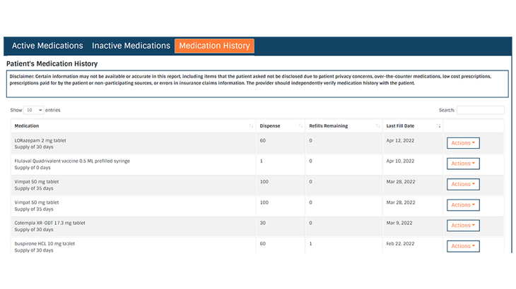 DoseSpot interface showing Medication History and a list of medications