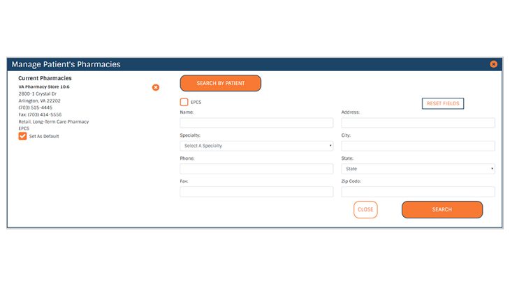 DoseSpot Manage Patient’s Pharmacies interface, showing current pharmacy and a form for adding a new pharmacy