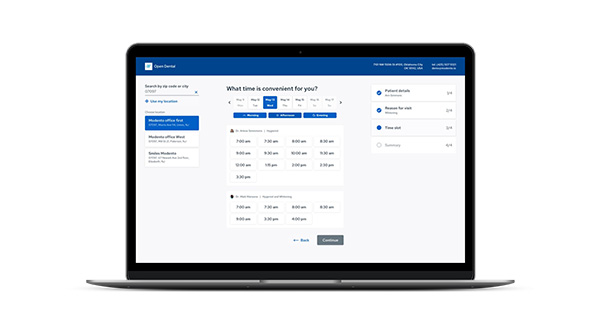 Dental Intelligence Engagement online scheduling screen