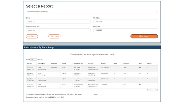 DoseSpot Reports interface, options to Select a Report and view Prescriptions by Date Range
